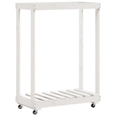 White solid pine log holder with wheels, measuring 30.1x15.7x42.5 inches.